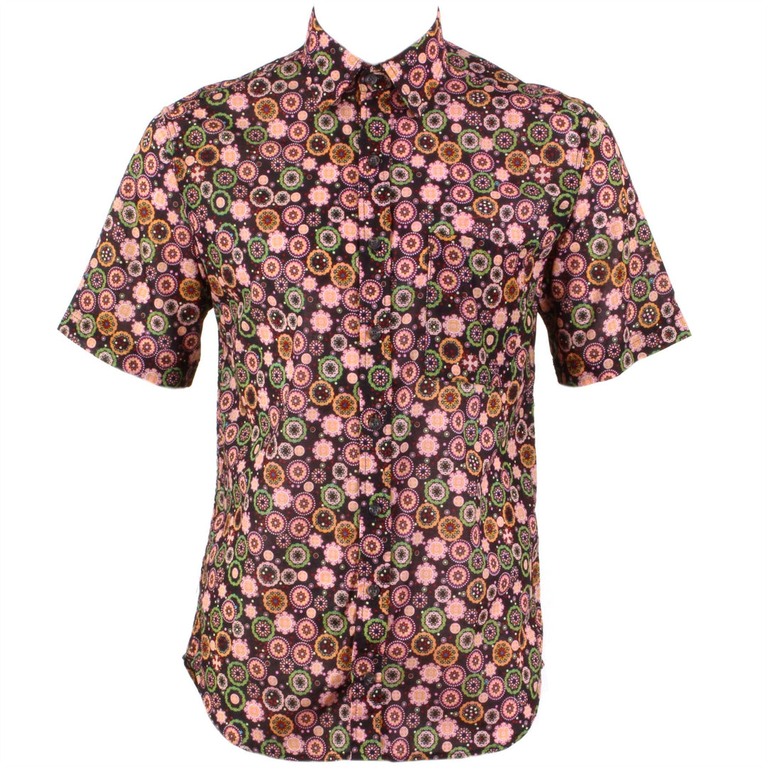Regular Fit Short Sleeve Shirt - Black Green & Orange Abstract Circles