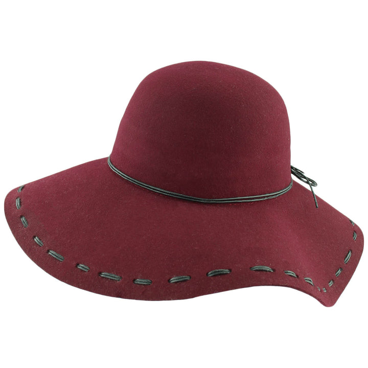 100% Wool felt wide brim floppy hat with cord band - Wine (57cm)