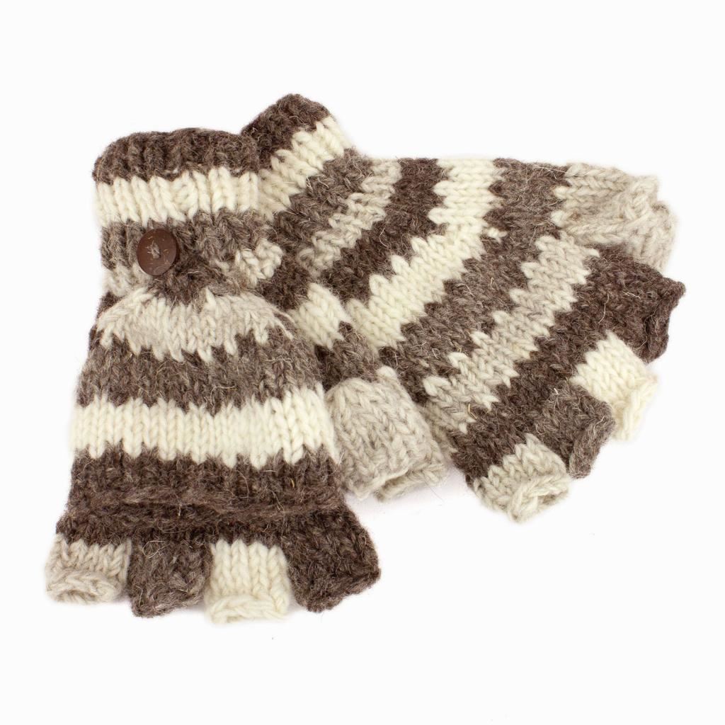 Chunky Wool Knit Fingerless Shooter Gloves - Stripe - Grey & White