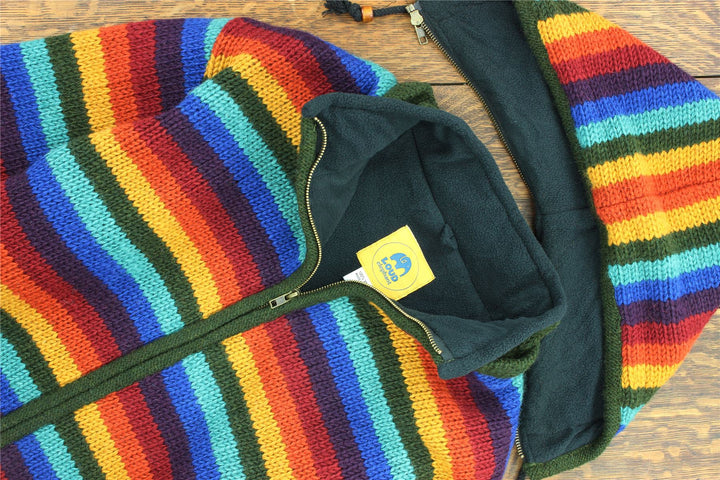 Hand Knitted Wool Hooded Jacket Cardigan - Stripe Dark Rainbow