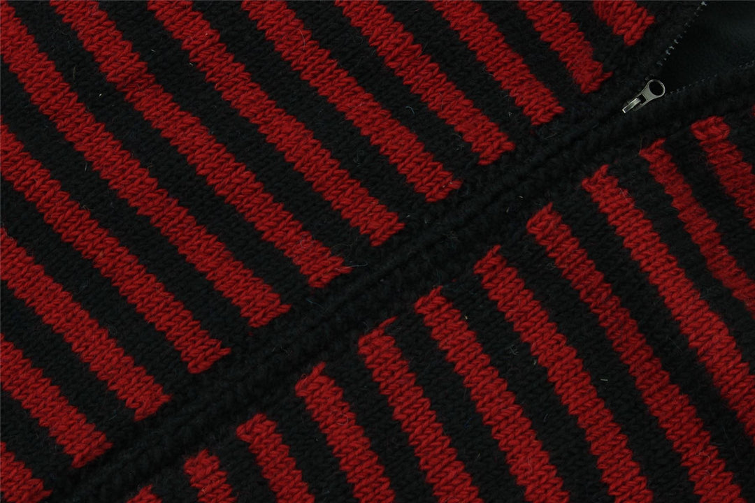 Hand Knitted Wool Hooded Jacket Cardigan - Stripe Red Black
