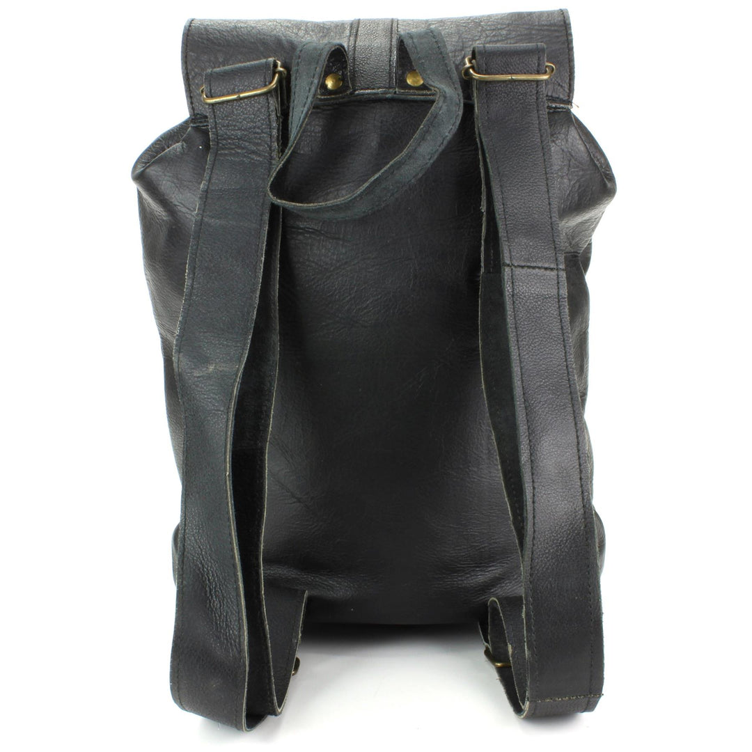 Real Leather Backpack with Two Front Pockets - Black