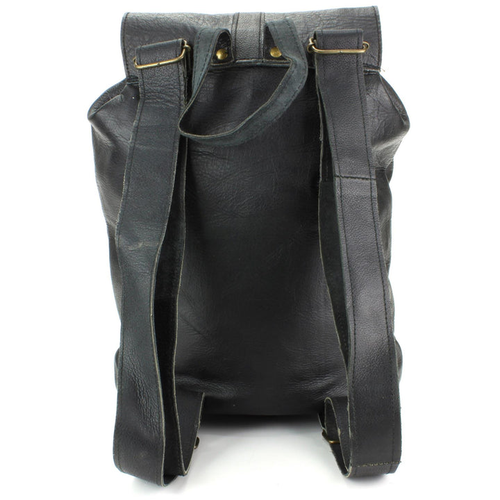 Real Leather Backpack with Two Front Pockets - Black