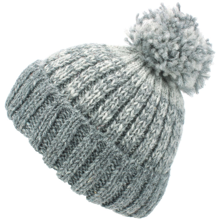 Wool Knit Bobble Beanie Hat - Grey