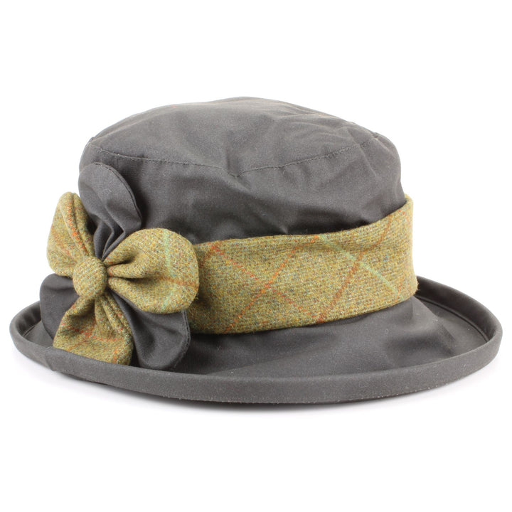 Ladies Wax Hat with Tweed Band and Flower - Olive