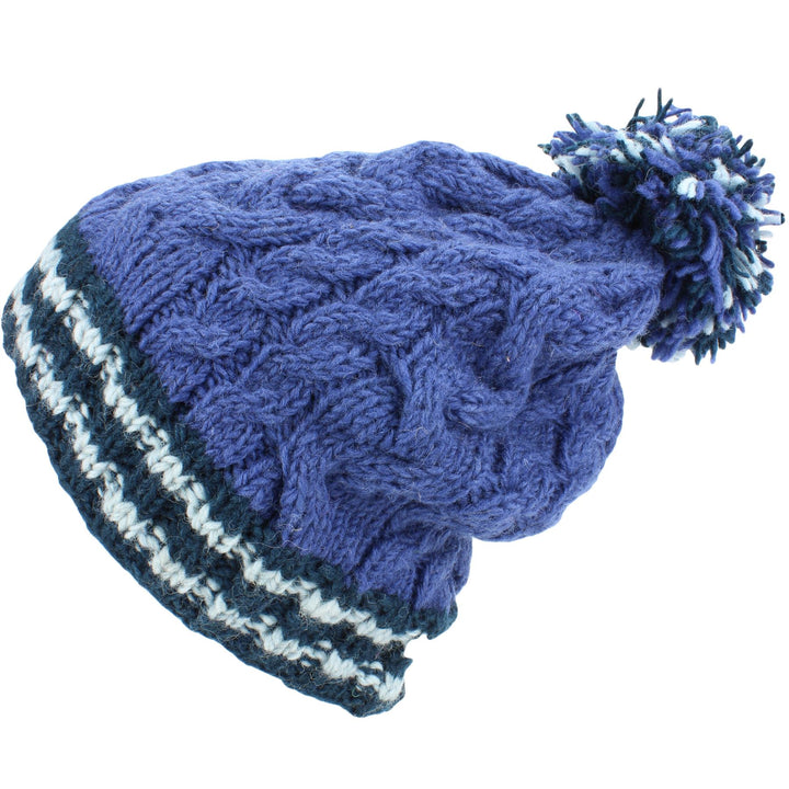 Chunky Wool Cable Knit Big Baggy Slouch Beanie Bobble Hat with Striped Brim - Blue