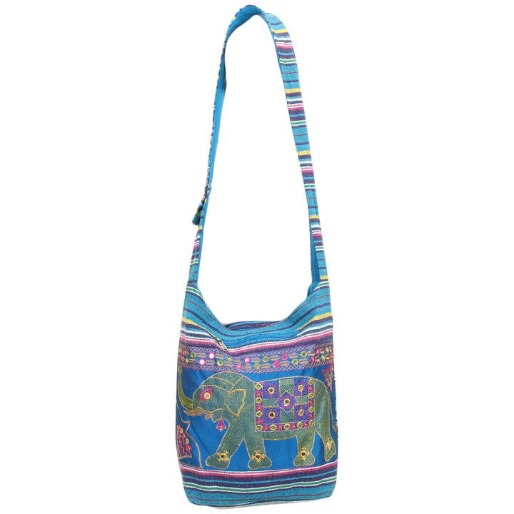 Embroidered Elephant Canvas Sling Shoulder Bag - Light Blue