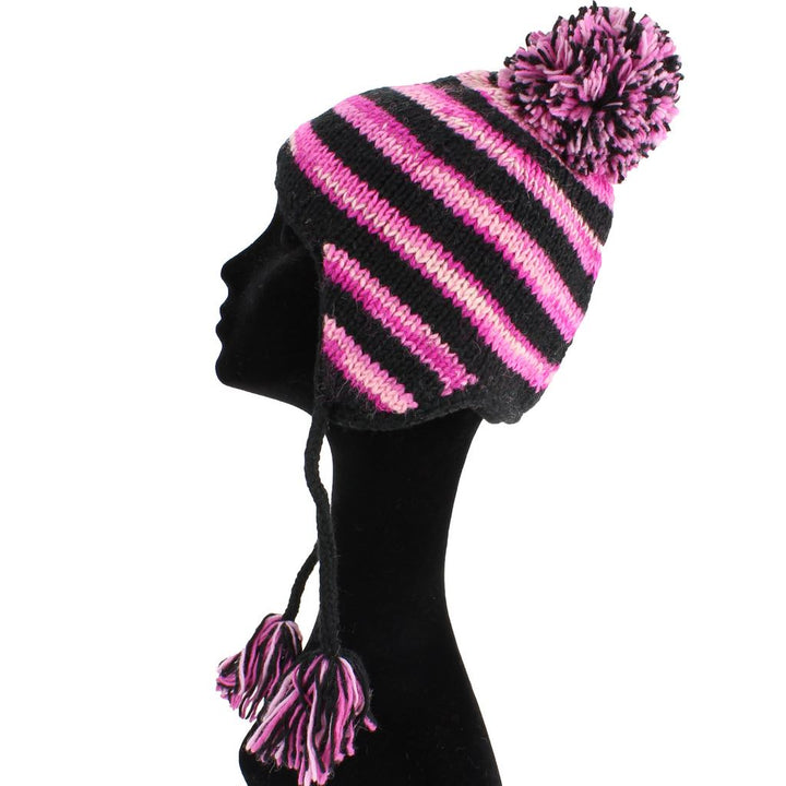 Wool Knit Earflap Bobble Hat - Stripe Black Pink SD