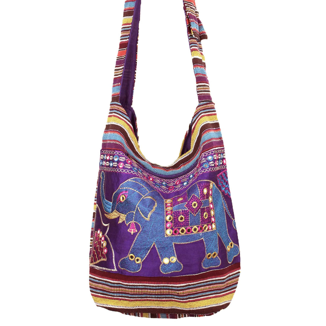 Embroidered Elephant Canvas Sling Shoulder Bag - Purple