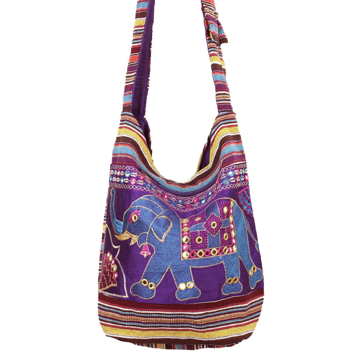 Embroidered Elephant Canvas Sling Shoulder Bag - Purple