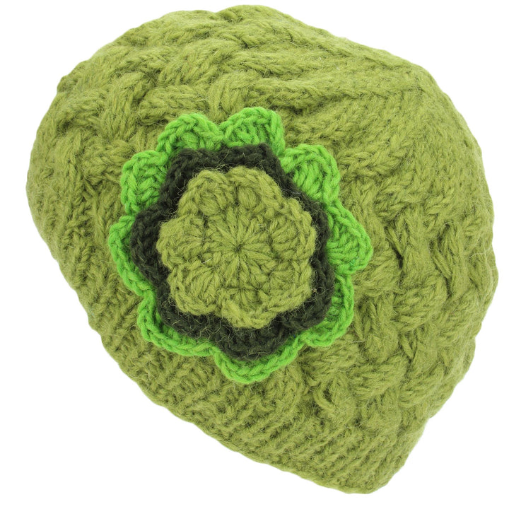 Ladies Wool Cable Knit Beanie Hat with Contrast Flower - Green