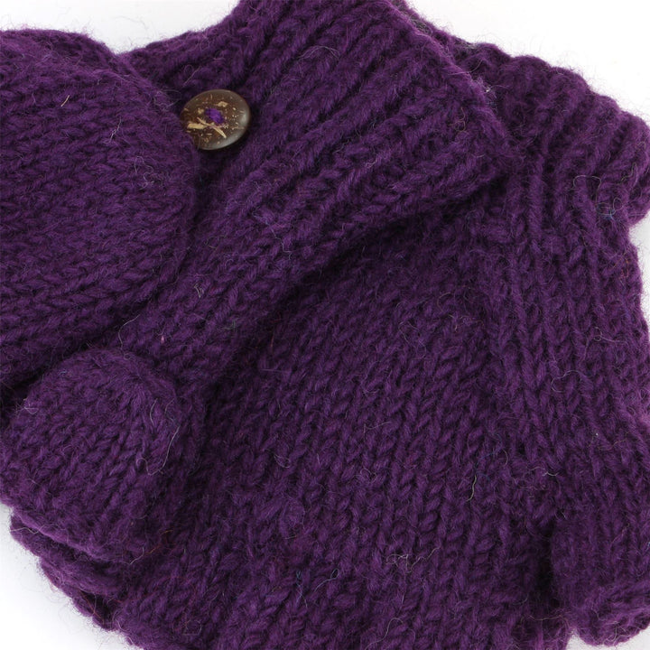 Chunky Wool Knit Fingerless Shooter Gloves - Plain - Purple