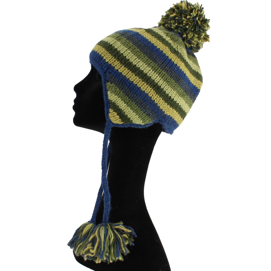 Wool Knit Earflap Bobble Hat - Stripe Blue Green