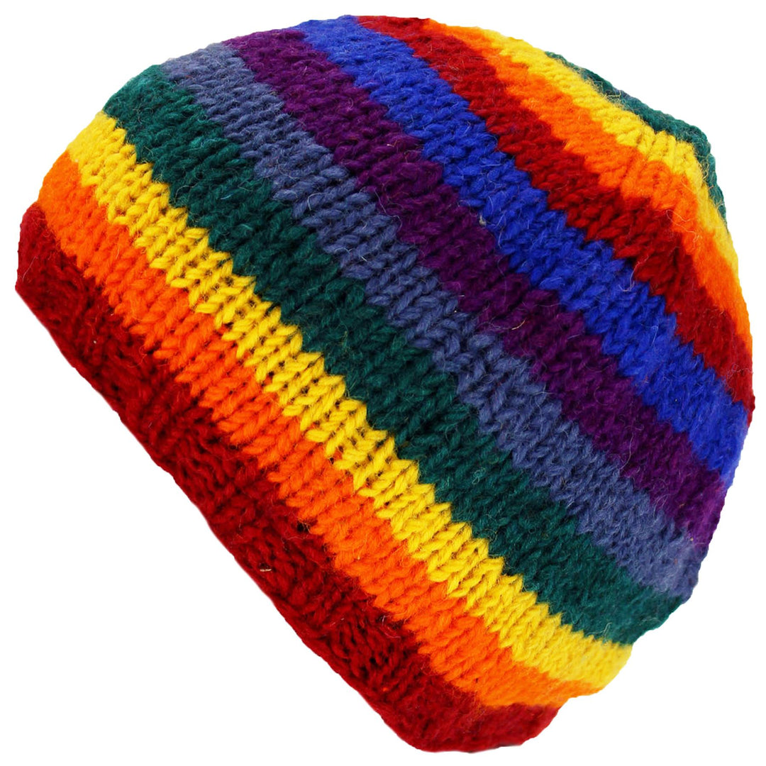 Wool knit beanie hat with fleece lining - Rainbow