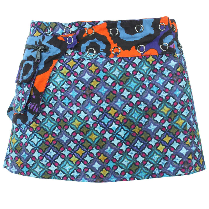 Reversible Popper Wrap Children's Size Mini Skirt - Diamond Block / Ikat Floral
