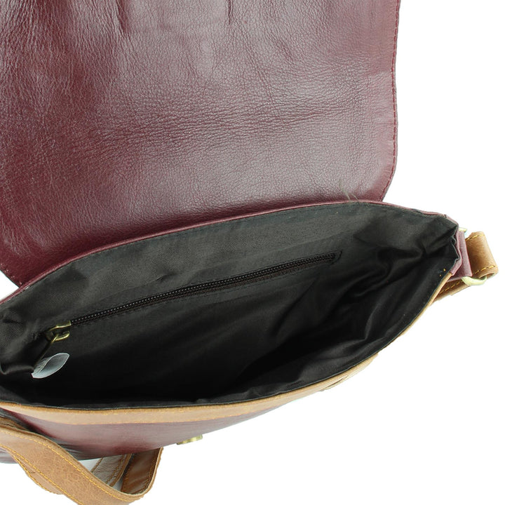 Real Leather Cross Body Messenger Shoulder Bag - Red & Brown