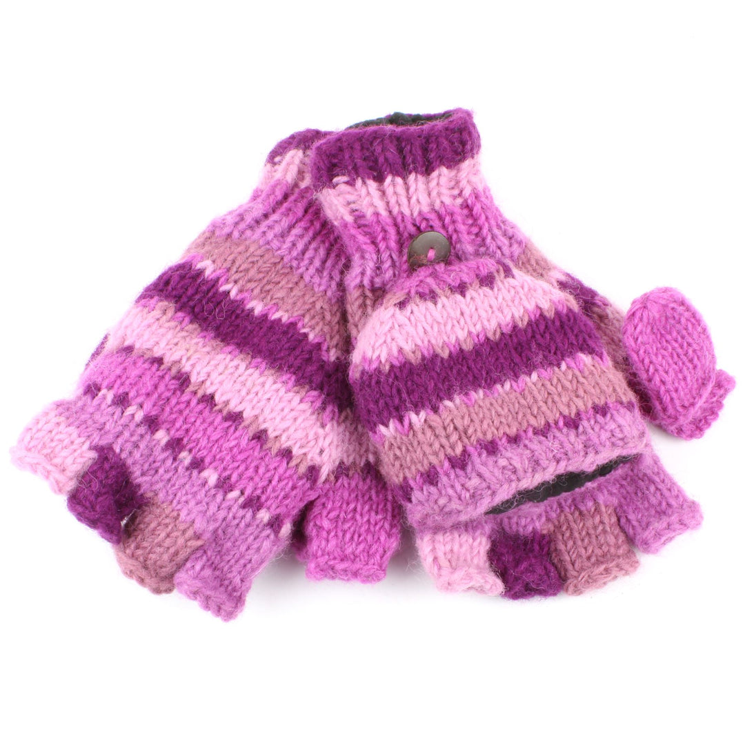 Chunky Wool Knit Fingerless Shooter Gloves - Stripe - Pink