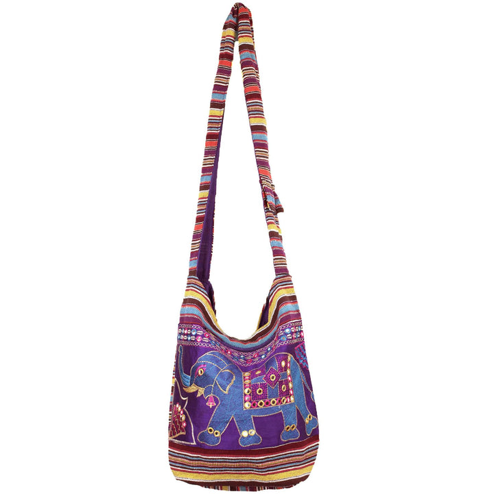 Embroidered Elephant Canvas Sling Shoulder Bag - Purple