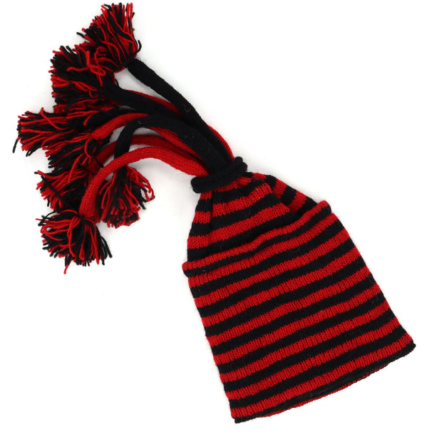 Hand Knitted Beanie Fountain Tassel Hat - Stripe Red Black