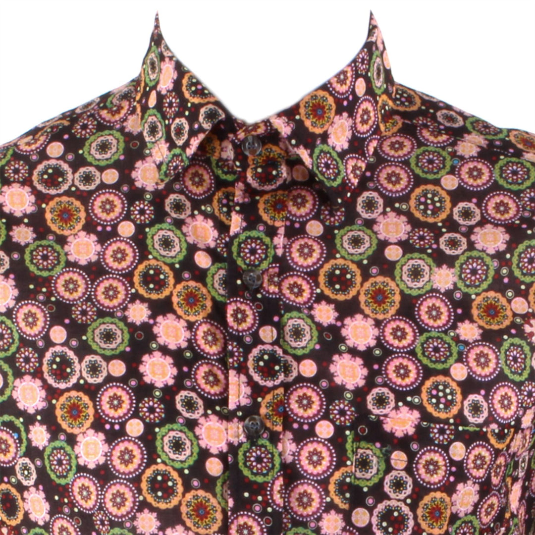 Regular Fit Long Sleeve Shirt - Black Green & Orange Abstract Circles