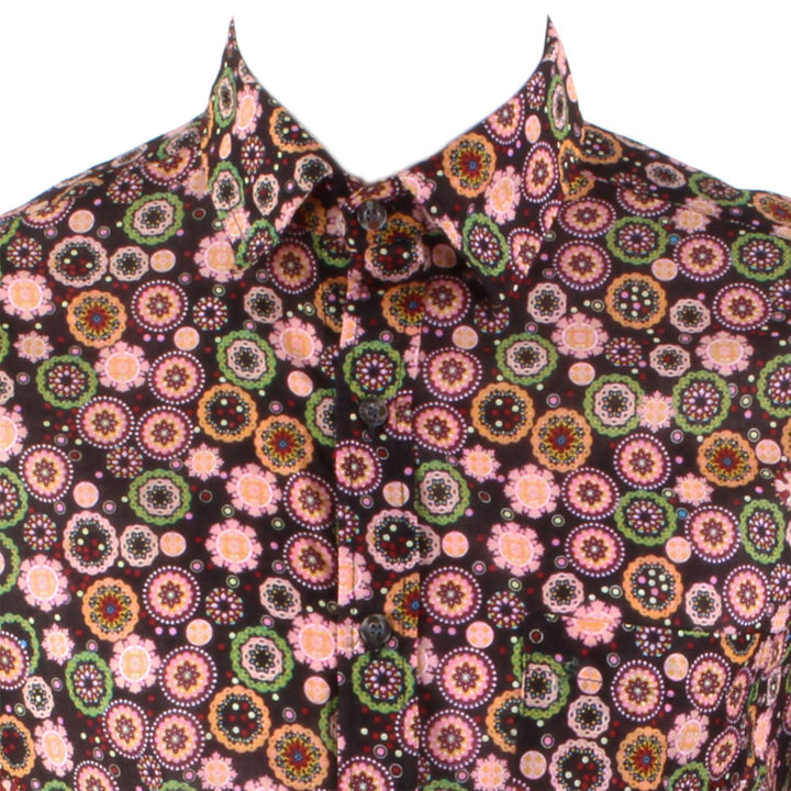 Regular Fit Long Sleeve Shirt - Black Green & Orange Abstract Circles