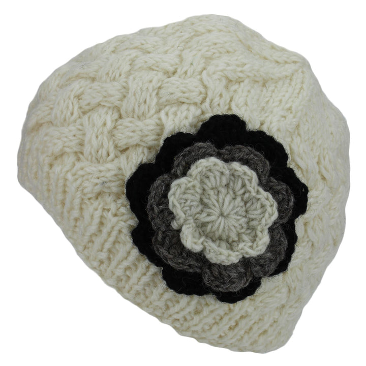 Ladies Wool Cable Knit Beanie Hat with Contrast Flower - Off White