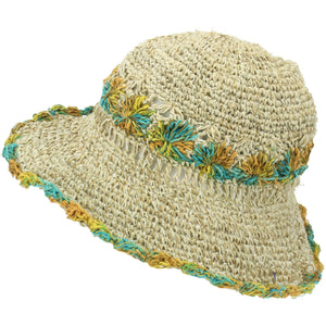 Chapeau de soleil en chanvre et coton - crochet jaune turquoise