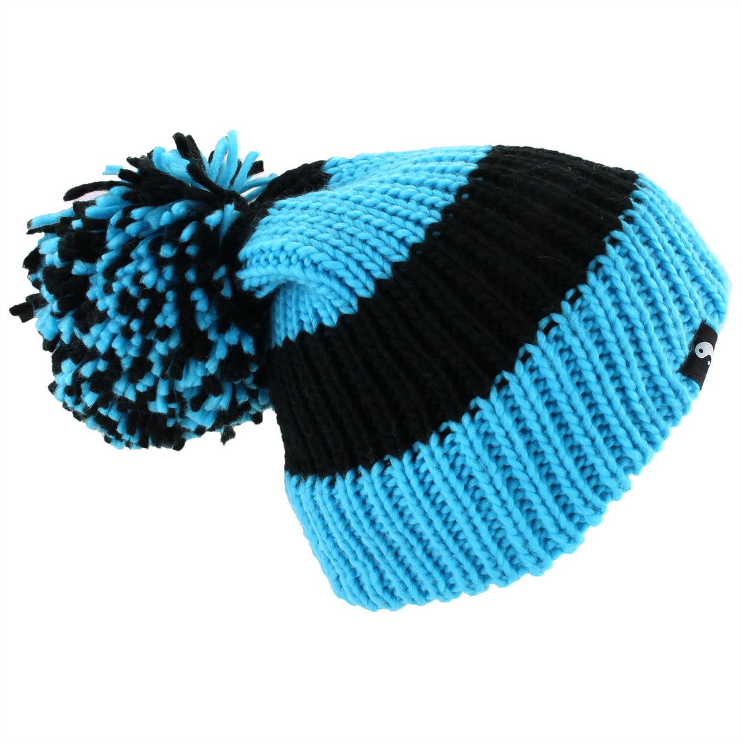 Chunky Acrylic Knit Beanie Hat with a MASSIVE Bobble - Blue & Black