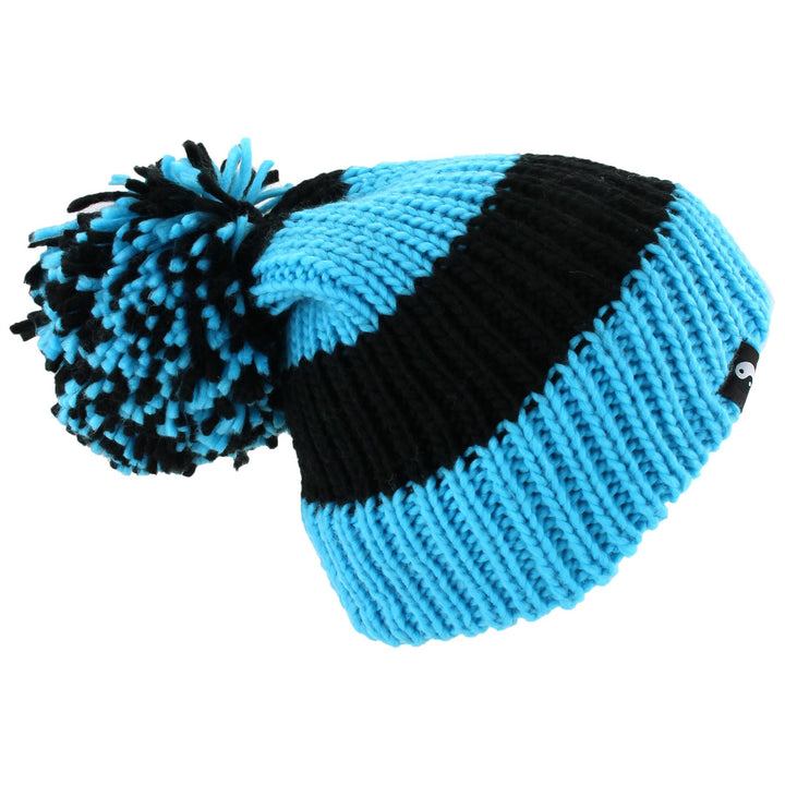 Chunky Acrylic Knit Beanie Hat with a MASSIVE Bobble - Blue & Black