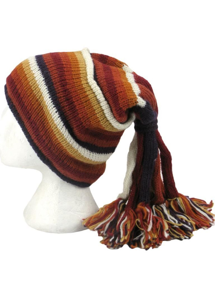 Wool Knit 'Fountain' Tassels Beanie Hat - Orange Rust