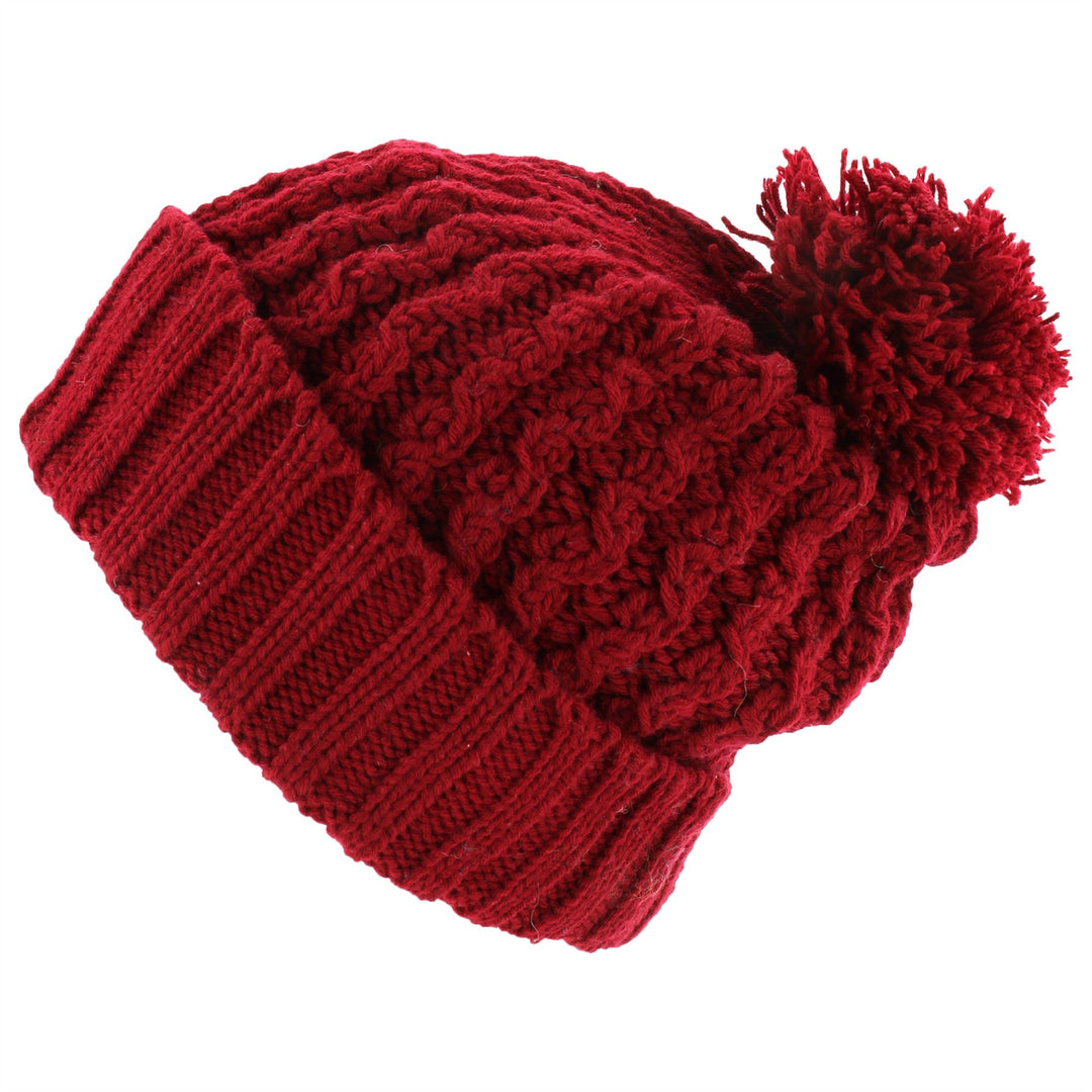 Cable Knit Bobble Beanie Hat - Red