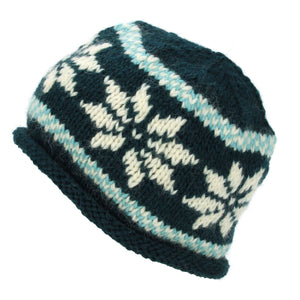 Bonnet en laine tricoté à la main - sarcelle foncée flocon de neige