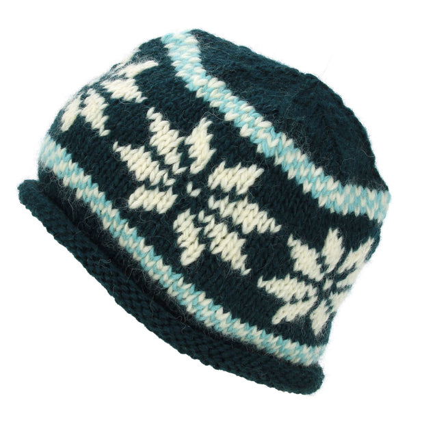 Hand Knitted Wool Beanie Hat - Snowflake Dark Teal
