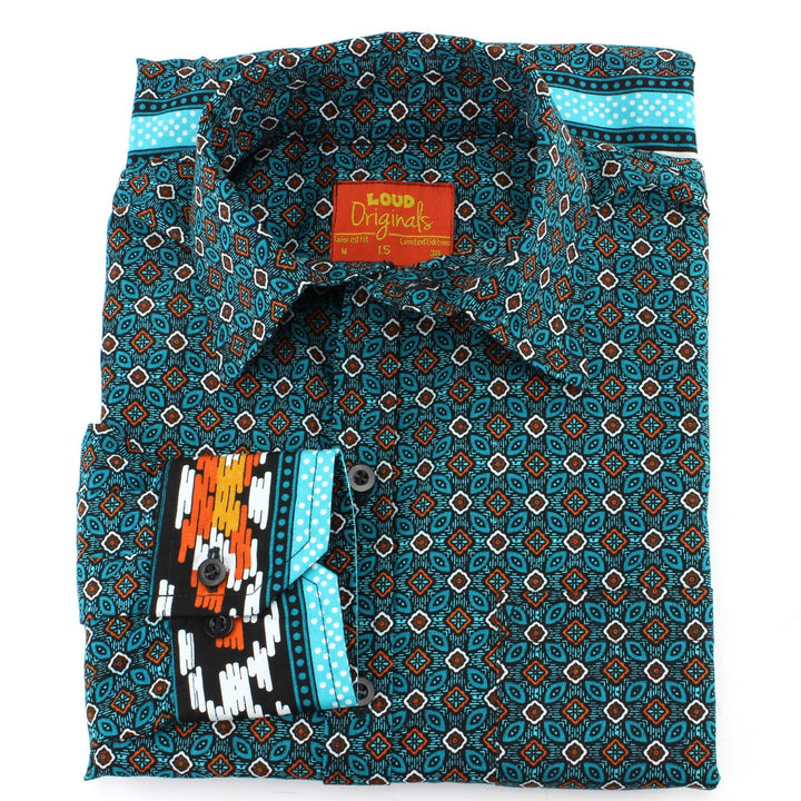 Tailored Fit Long Sleeve Shirt - Turquoise Abstract