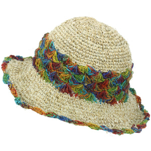 Chapeau de soleil en chanvre et coton - crochet arc-en-ciel 1