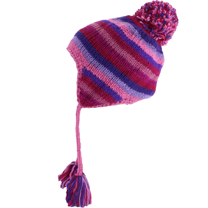 Wool Knit Earflap Bobble Hat - Stripe Pink Purple