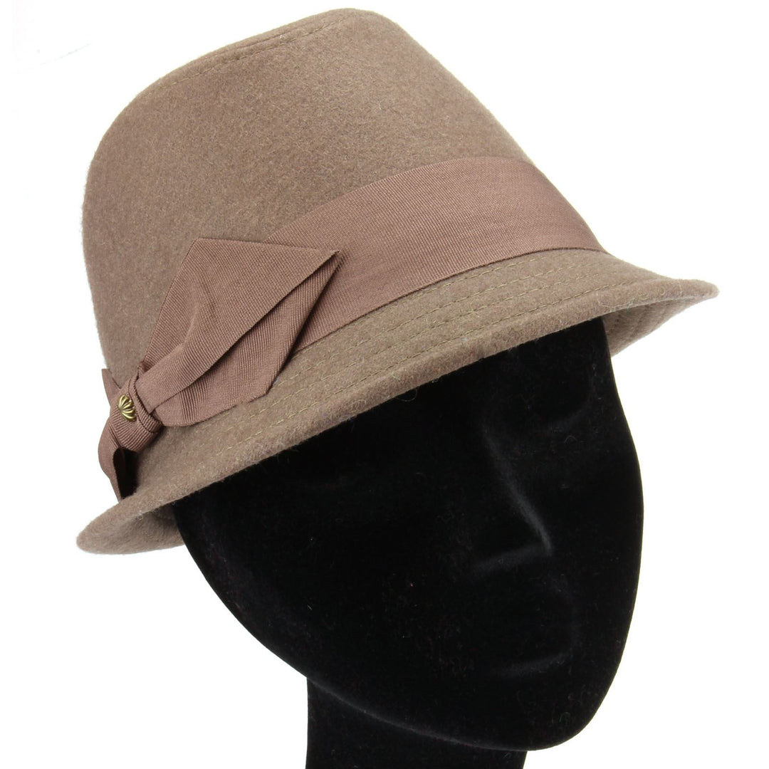 Wool trilby hat with short brim and large side bow - Brown (57cm)