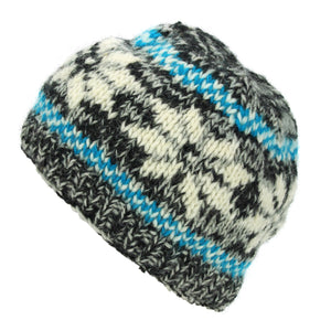 Bonnet en laine tricoté à la main - flocon de neige gris turquoise