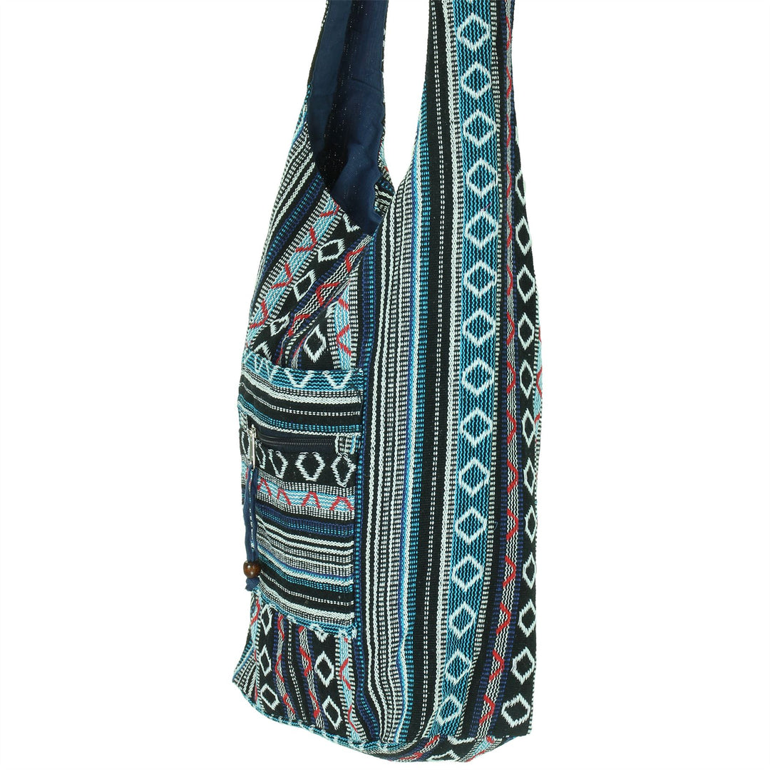 Diamond Pattern Canvas Sling Shoulder Bag - Black Blue