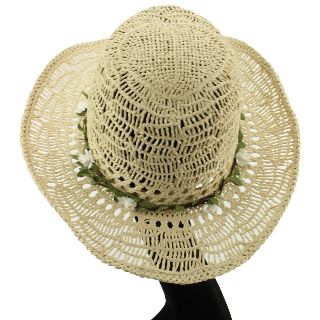 Straw Paper String Cowboy Hat with Flower Garland