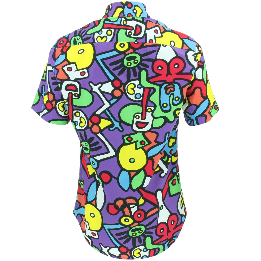 Slim Fit Short Sleeve Cotton Shirt - Tiffy Print - Purple
