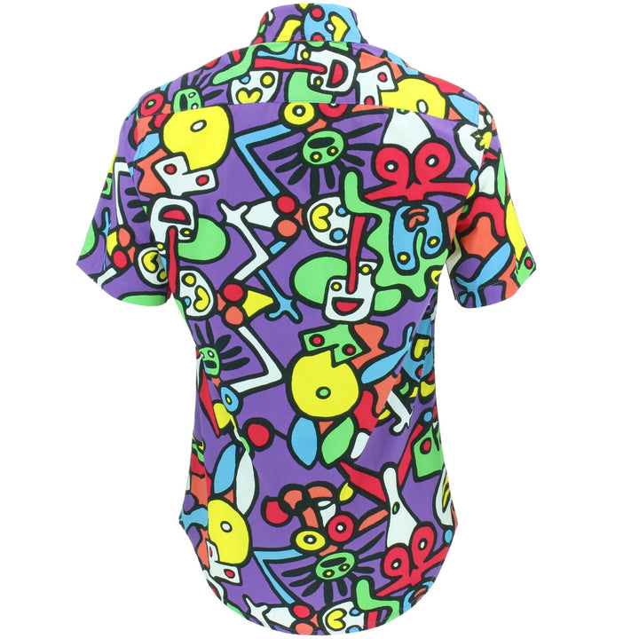 Slim Fit Short Sleeve Cotton Shirt - Tiffy Print - Purple