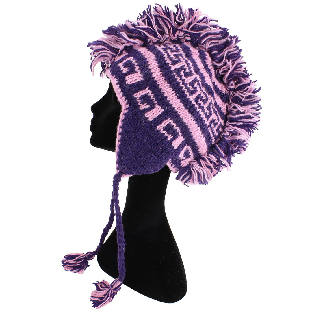 Wool Knit 'Punk' Mohawk Earflap Beanie Hat - Purples (Adult)