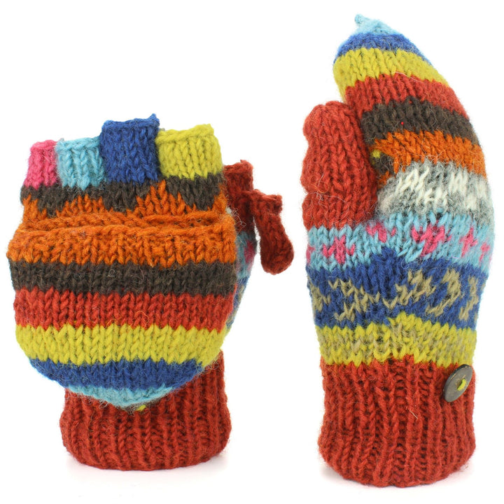 Chunky Wool Knit Fingerless Shooter Gloves - Chevron - Orange