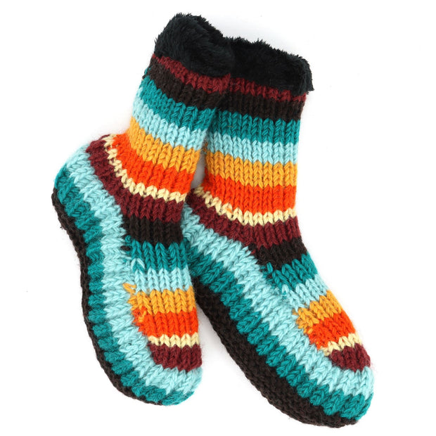 Hand Knitted Wool Slipper Socks - Stripe Retro D