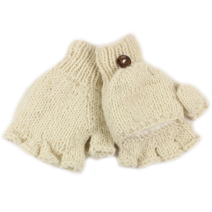 Chunky Wool Knit Fingerless Shooter Gloves - Plain - Off White