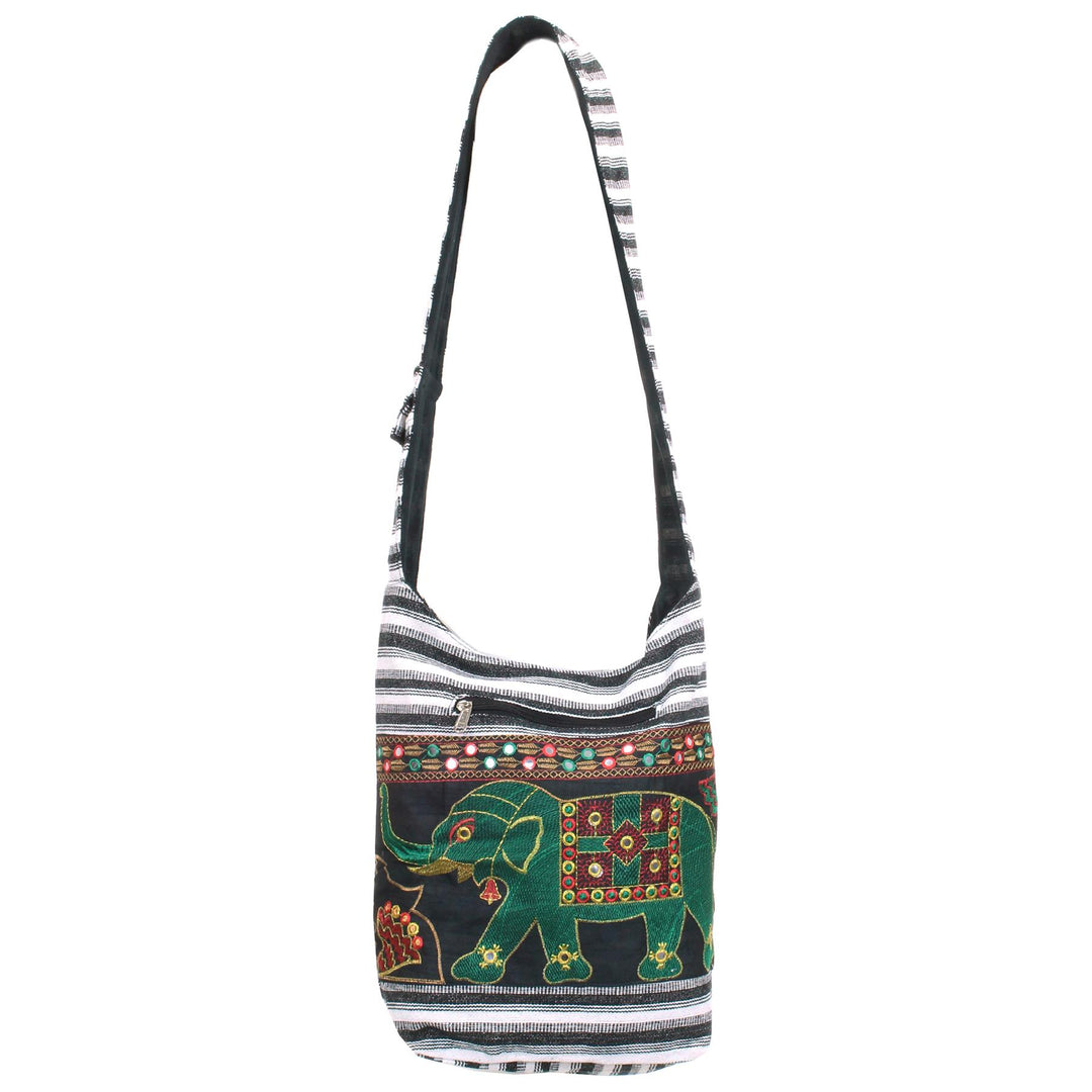 Embroidered Elephant Canvas Sling Shoulder Bag - Black White