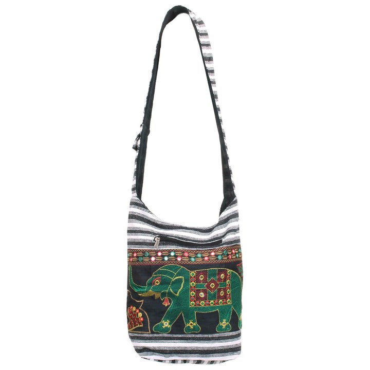 Embroidered Elephant Canvas Sling Shoulder Bag - Black White