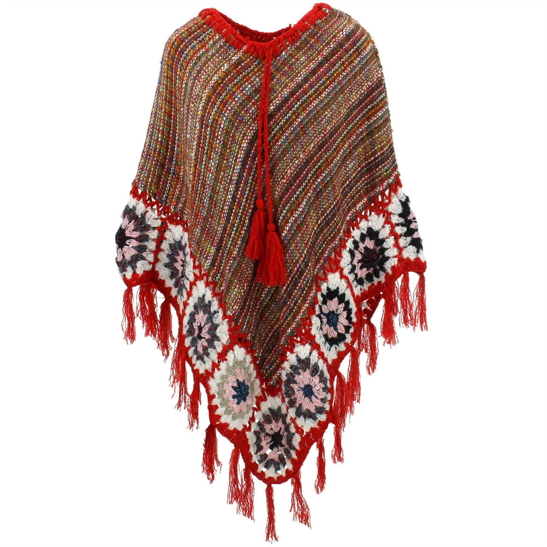 Granny Squares Crochet Poncho Long - Rainbow/Red