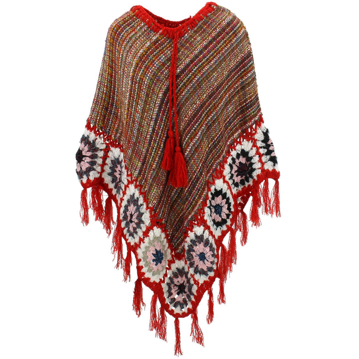 Granny Squares Crochet Poncho Long - Rainbow/Red